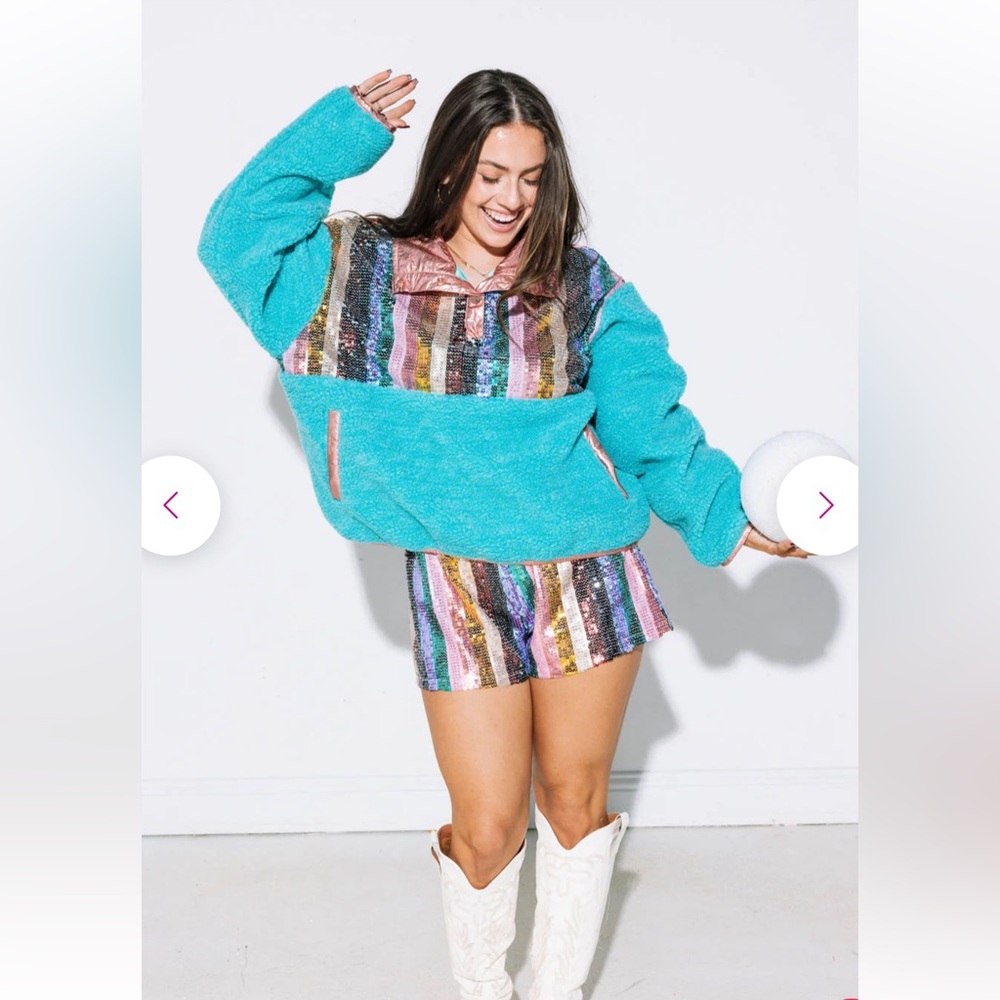 QUEEN OF SPARKLES Turquoise Sherpa Hoodie with Multicolor Sequin Panels